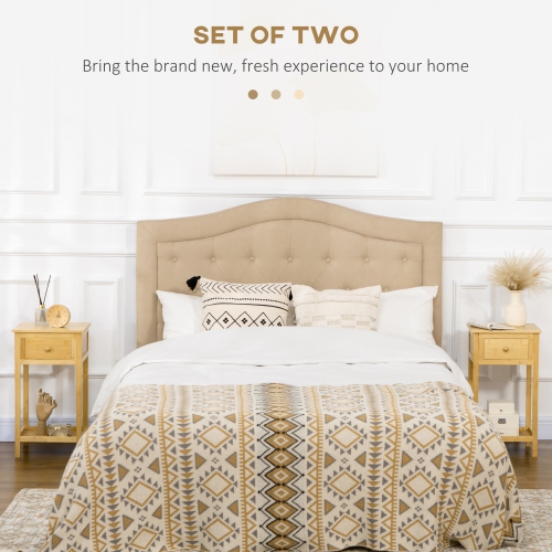 HOMCOM Side Table Set of 2, Narrow End Tables with Drawer and Storage Shelf, Nightstand with Bamboo Frame for Small Spaces, Living Room, Bedroom,