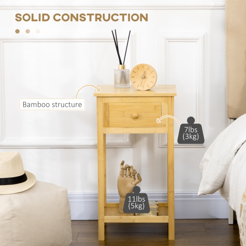 HOMCOM Side Table Set of 2, Narrow End Tables with Drawer and Storage Shelf, Nightstand with Bamboo Frame for Small Spaces, Living Room, Bedroom,