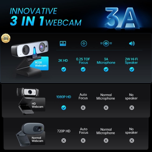 Coutellerie RC08 caméra Web, caméra Web HD 2K avec microphone et haut-parleur