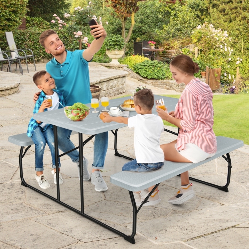 Gymax Folding Picnic Table & Bench Set for Camping BBQ w/ Steel Frame