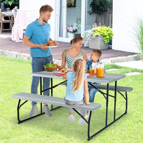 Gymax Folding Picnic Table & Bench Set for Camping BBQ w/ Steel Frame
