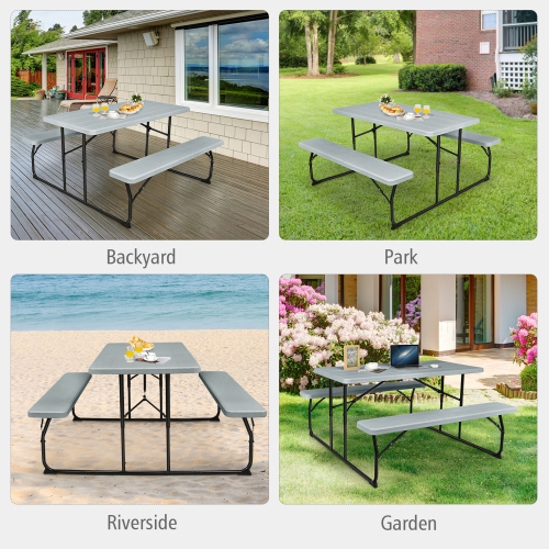 Gymax Folding Picnic Table & Bench Set for Camping BBQ w/ Steel Frame