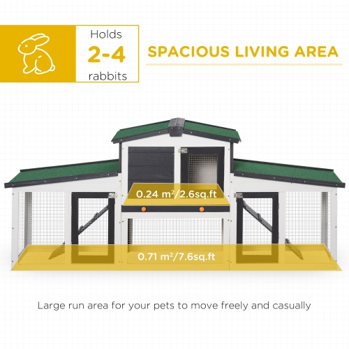 PawHut Large Rabbit Hutch with Double Runs, Wooden Bunny Cage Outdoor with Removable Tray, Ramps, Roof, 80" x 18" x 31.5", Gray