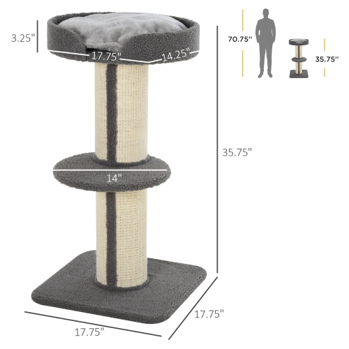 PawHut 36"H Large Cat Scratching Post for Indoor Cats, Bold Cat Tree Multi-Level Kitty Tower with Sisal Mat Scratch Rope, Pet Bed, Removable Cushion,