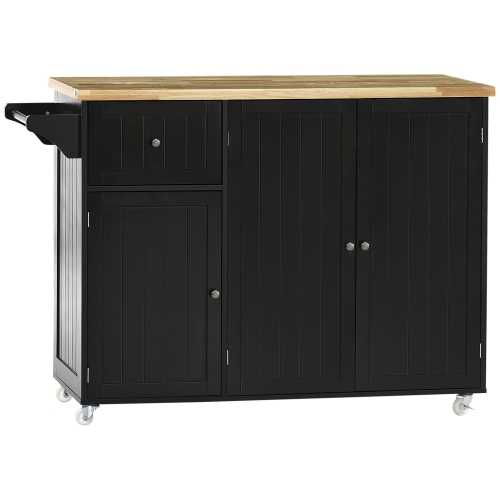 HOMCOM Rolling Kitchen Island on Wheels, Kitchen Island Cart with Rubber Wood Top, Towel Rack, Storage Cabinets and Drawer, Black