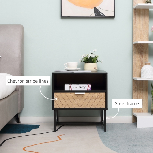 HOMCOM Modern Bedside Table with Drawer and Storage Shelf, Nightstand with Metal Base, Sofa End Table for Bedroom, Black and Oak