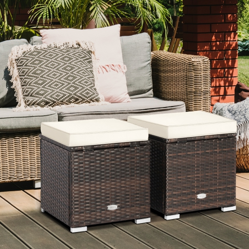 Gymax 2PCS Outdoor Patio Ottomans Hand-Woven PE Wicker Footstools w/ Removable Cushions