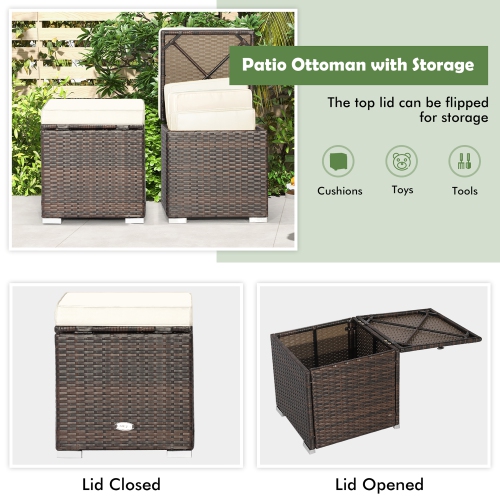 Gymax 2PCS Outdoor Patio Ottomans Hand-Woven PE Wicker Footstools w/ Removable Cushions