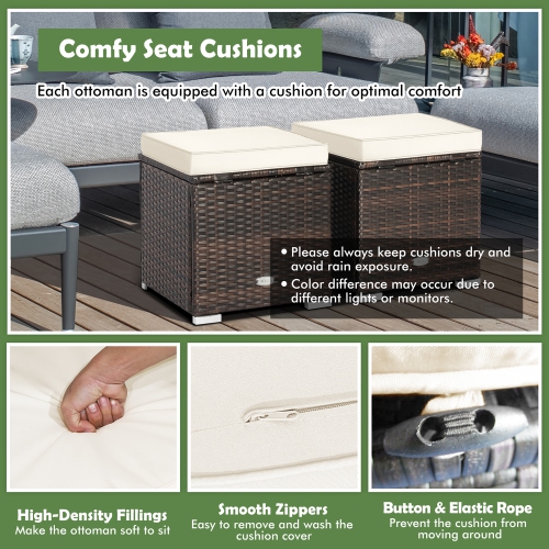 Gymax 2PCS Outdoor Patio Ottomans Hand-Woven PE Wicker Footstools w/ Removable Cushions