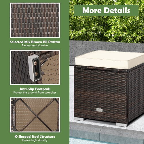 Gymax 2PCS Outdoor Patio Ottomans Hand-Woven PE Wicker Footstools w/ Removable Cushions