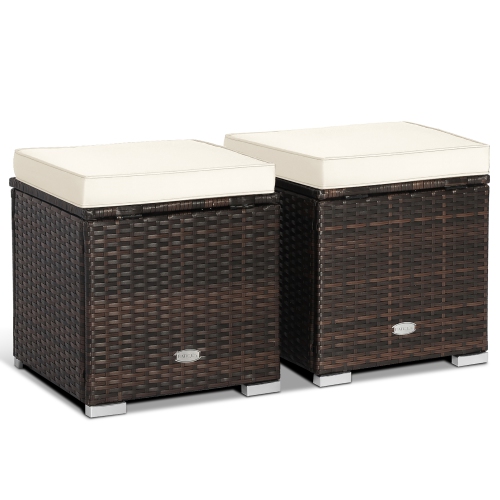 Gymax 2PCS Outdoor Patio Ottomans Hand-Woven PE Wicker Footstools w/ Removable Cushions