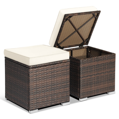 Gymax 2PCS Outdoor Patio Ottomans Hand-Woven PE Wicker Footstools w/ Removable Cushions