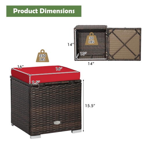 Gymax 2PCS Outdoor Patio Ottomans Hand-Woven PE Wicker Footstools w/ Removable Cushions