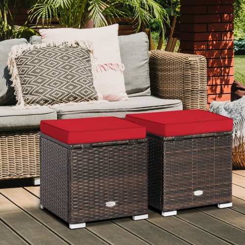 Gymax 2PCS Outdoor Patio Ottomans Hand-Woven PE Wicker Footstools w/ Removable Cushions