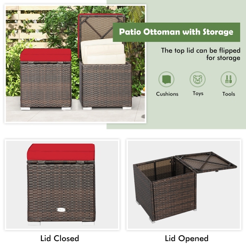Gymax 2PCS Outdoor Patio Ottomans Hand-Woven PE Wicker Footstools w/ Removable Cushions