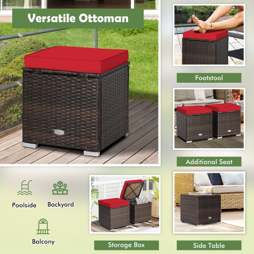 Gymax 2PCS Outdoor Patio Ottomans Hand-Woven PE Wicker Footstools w/ Removable Cushions