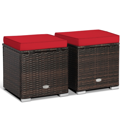 Gymax 2PCS Outdoor Patio Ottomans Hand-Woven PE Wicker Footstools w/ Removable Cushions