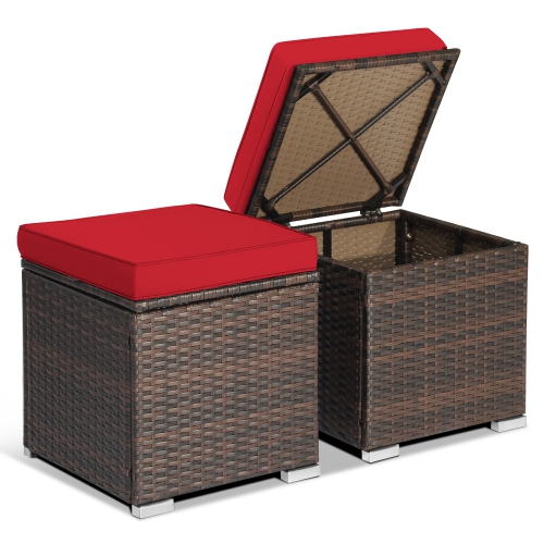 Gymax 2PCS Outdoor Patio Ottomans Hand-Woven PE Wicker Footstools w/ Removable Cushions
