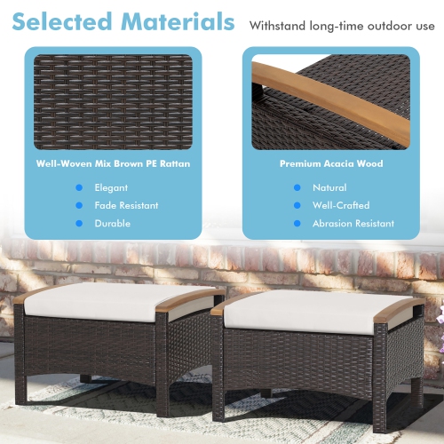 Gymax 2PCS Patio Ottomans Wooden Handles Rattan Knitting Foot Pedal Off White