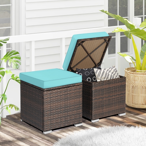 GYMAX  2PCs Outdoor Patio Ottomans Hand-Woven Pe Wicker Footstools W/ Removable Cushions