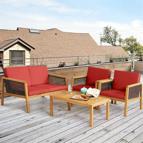Gymax 4PCS Patio Acacia Wood Furniture Set PE Rattan Conversation Set w/ Red Cushions