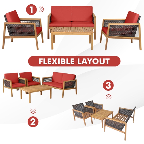 Gymax 4PCS Patio Acacia Wood Furniture Set PE Rattan Conversation Set w/ Red Cushions