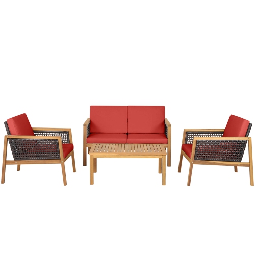 Gymax 4PCS Patio Acacia Wood Furniture Set PE Rattan Conversation Set w/ Red Cushions