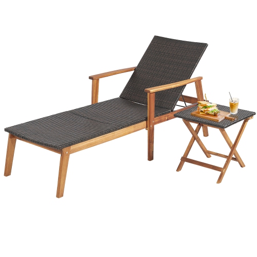 Gymax 2PCS Patio Lounge Chair Adjustable Recliner Chair Acacia Wood Frame Folding Table Set