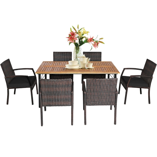 Gymax 7PCS Patio Dining Furniture Set Yard w/ Wooden Tabletop Black Cushions