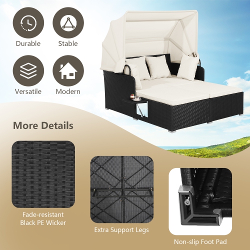 Gymax Patio Hand-Woven PE Wicker Daybed Outdoor Loveseat Sofa Set w/ Off White Cushions