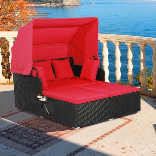Gymax Patio Hand-Woven PE Wicker Daybed Outdoor Loveseat Sofa Set w/ Red Cushions