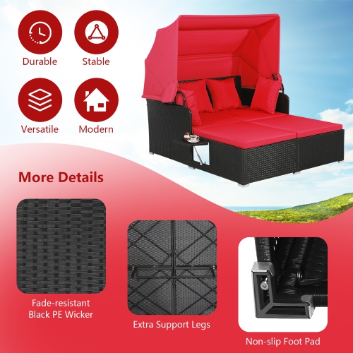 Gymax Patio Hand-Woven PE Wicker Daybed Outdoor Loveseat Sofa Set w/ Red Cushions