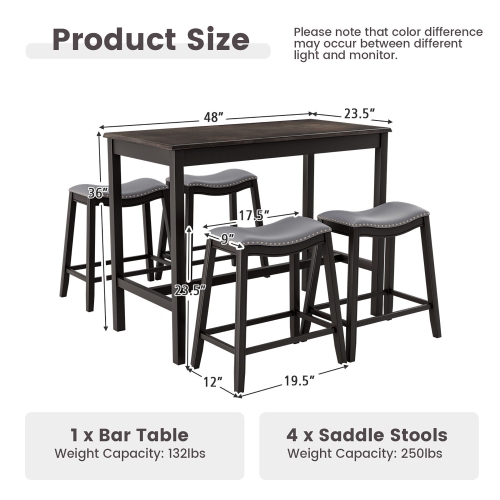 Gymax 5PCS Bar Table Set Counter Height Table & Upholstered Saddle Stools Set for 4