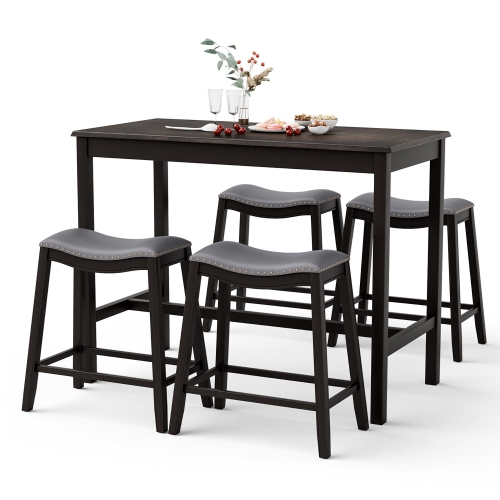 Gymax 5PCS Bar Table Set Counter Height Table & Upholstered Saddle Stools Set for 4