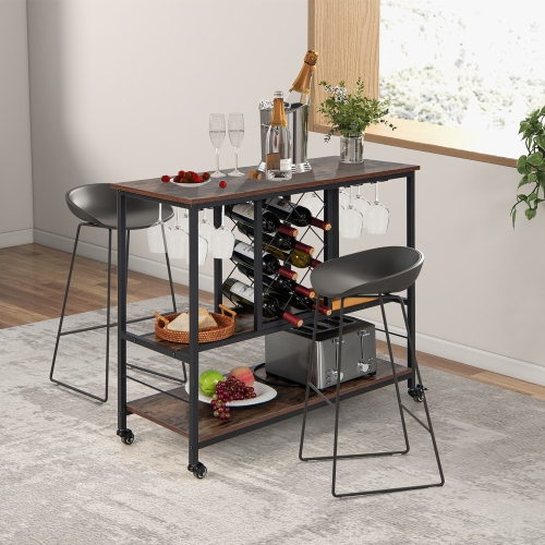 Gymax Industrial Liquor Bar Cart Rolling Kitchen Serving Cart w/ Wine Rack Glass Holder