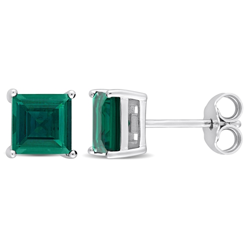 AMOUR  Princess Cut Created Emerald Fashion Post Earrings In Silver