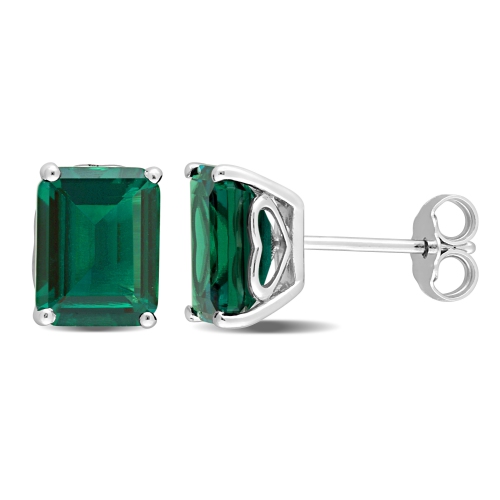 AMOUR  Octagon Created Emerald Stud Earrings In Sterling In Silver