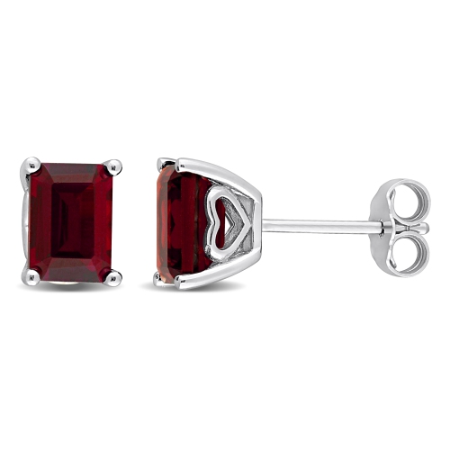 Amour Emerald Cut Garnet Stud Earrings Silver