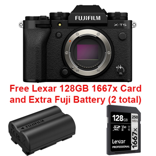 Fujifilm X-T5 Bundle Black Body with + Lexar 128GB 1667x SD Card + NPW235 Battery