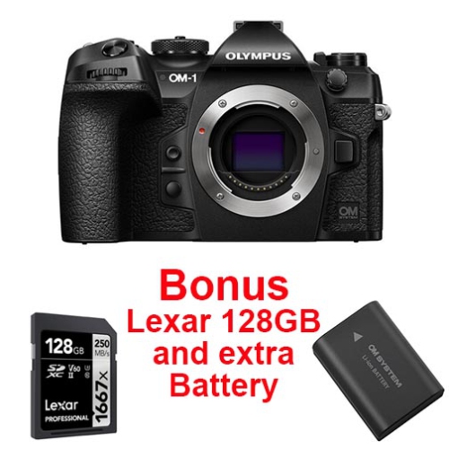 OM System OM-1 Mirrorless Camera Body + Lexar 128GB 1667x SD Card + BLX-1 Battery