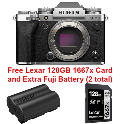 FUJIFILM  X-T5 Bundle Body Bonus Lexar 128GB Card + Npw235 Battery. Fujfilm Canada Authorized In Silver