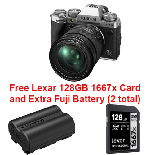 Fujifilm X-T5 Bundle with XF16-80 f4 R OIS WR lens kit Silver + Lexar 128GB 1667x Card + NPW235