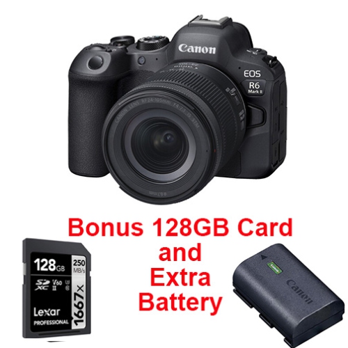 Appareil photo EOS R6 Mark II de Canon avec objectif RF 24-105&nbsp;mm F4-7,1, carte SD de 128&nbsp;Go et batterie LP-E6NH. Canon autorisé