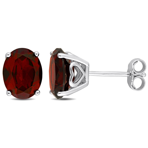 AMOUR  Oval Garnet Stud Earrings With Heart Design In Silver