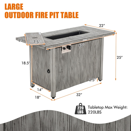 Costway 43-inch Propane Gas Fire Pit Table Wood-like Metal Fire Table withProtective Cover