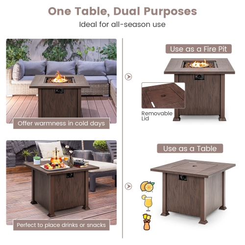 Costway 32" Patio Square Fire Pit Table 50,000 BTU Propane Gas Table with Lid & Lava Rocks