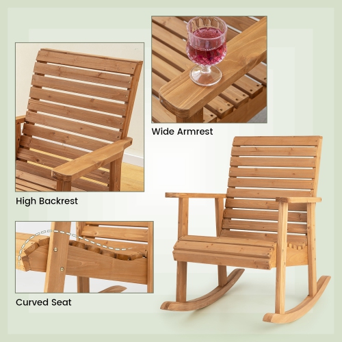 Costway 2 PCS Patio Wooden Rocking Chair High Back Fir Wood Armchair Natural Garden Yard