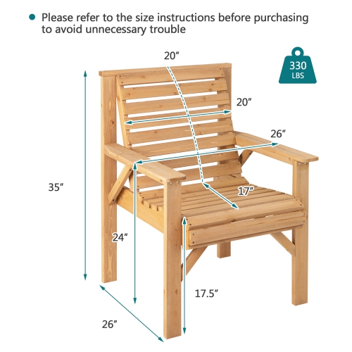 Costway Patio Fir Wood Chair Dining Inclined Backrest Garden Backyard Indoor Natural