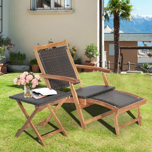Costway 4PCS Patio Rattan Folding Lounge Chair Table Acacia Wood withRetractable Footrest