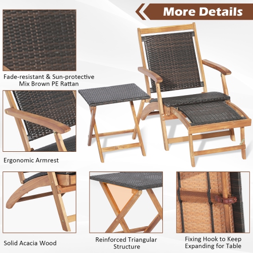 Costway 4PCS Patio Rattan Folding Lounge Chair Table Acacia Wood withRetractable Footrest